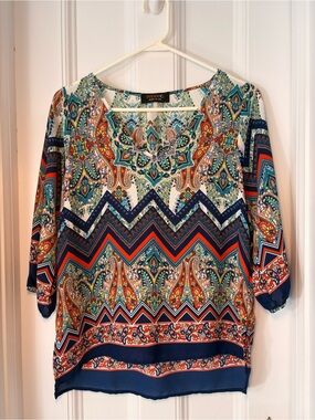Renee C. Printed V-Neck Boho Top Blouse Small Colorful